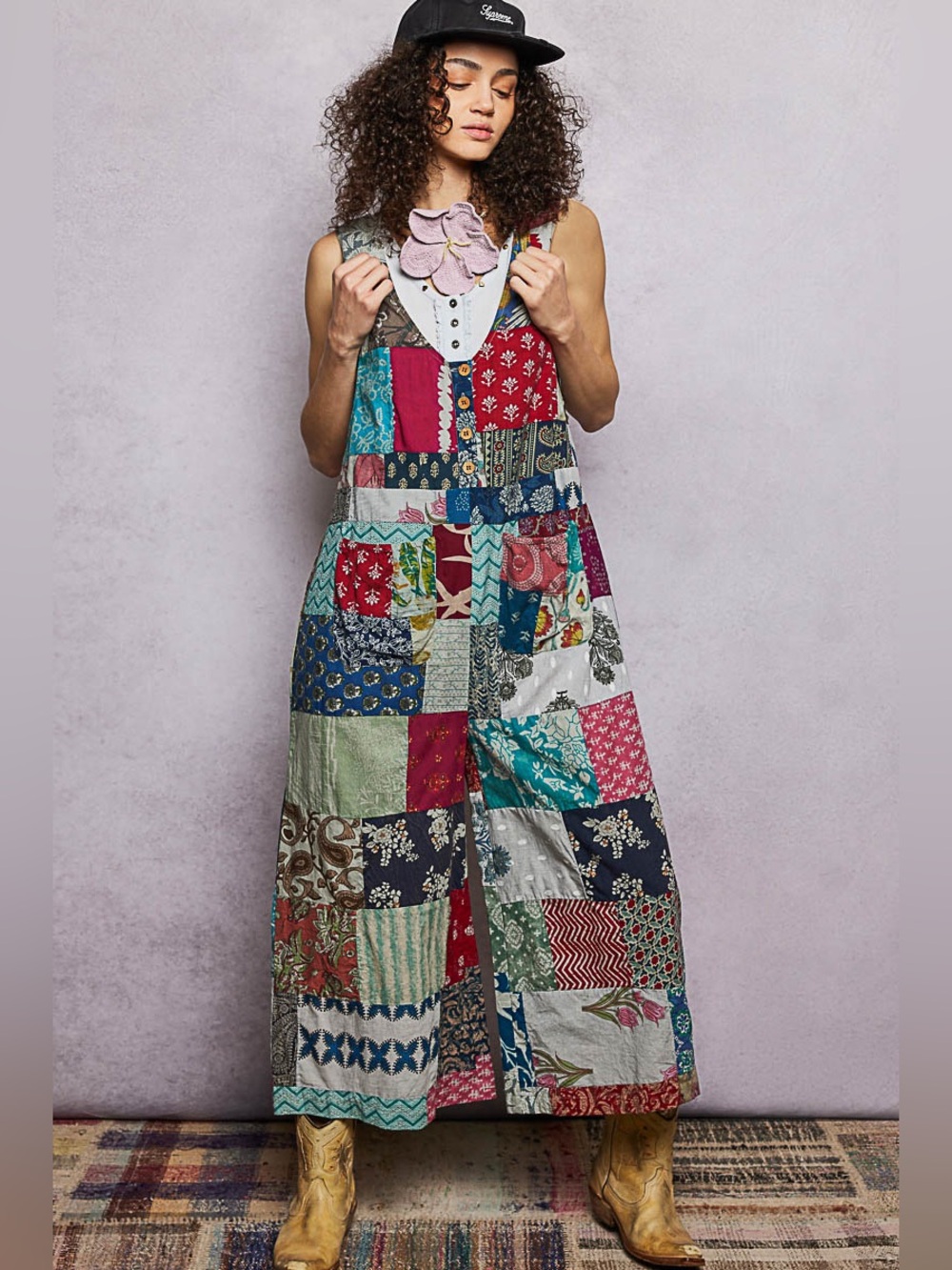 POL Sleeveless Patchwork Wide Leg Jumpsuit - Picture 2 of 5
